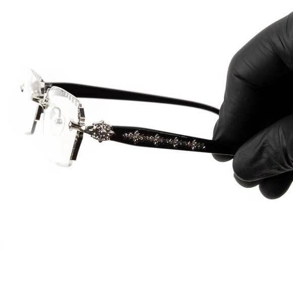 Clear Lens Silver Frame Retro Gothic Cross Style Edge Cut Rimless Eye Glasses - Picture 4 of 8